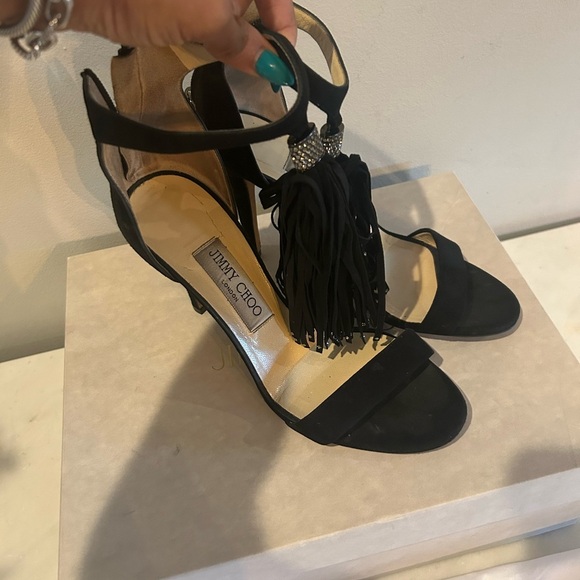 Rare Jimmy Choo Viola 100 Black Suede Fringe Heels| sz 37 | 7us - Picture 3 of 9